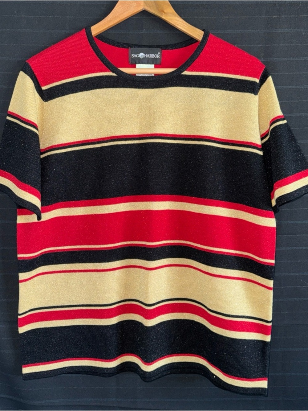 Sag Harbor Short Sleeve Knit Black Gold Red Sparkle Stripes Short Large